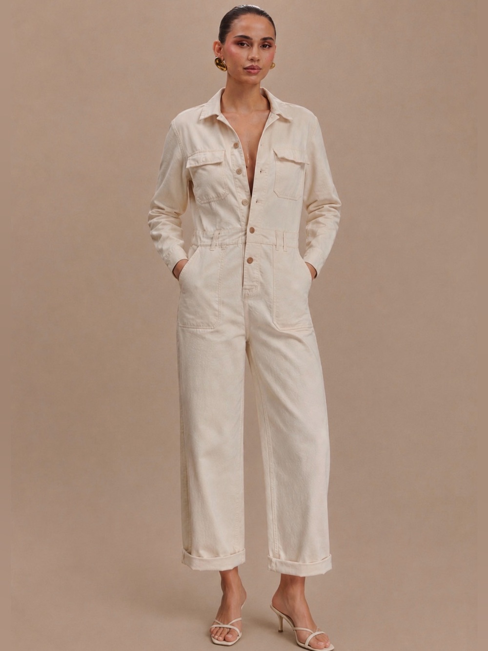Everlane Light Beige Cargo Long Sleeve Jumpsuit XS